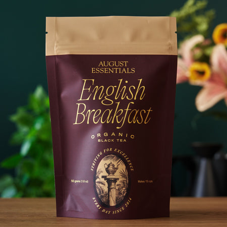 August Essentials English Breakfast Black Tea in a 15-cup bag, featuring robust black tea with a hint of cocoa.