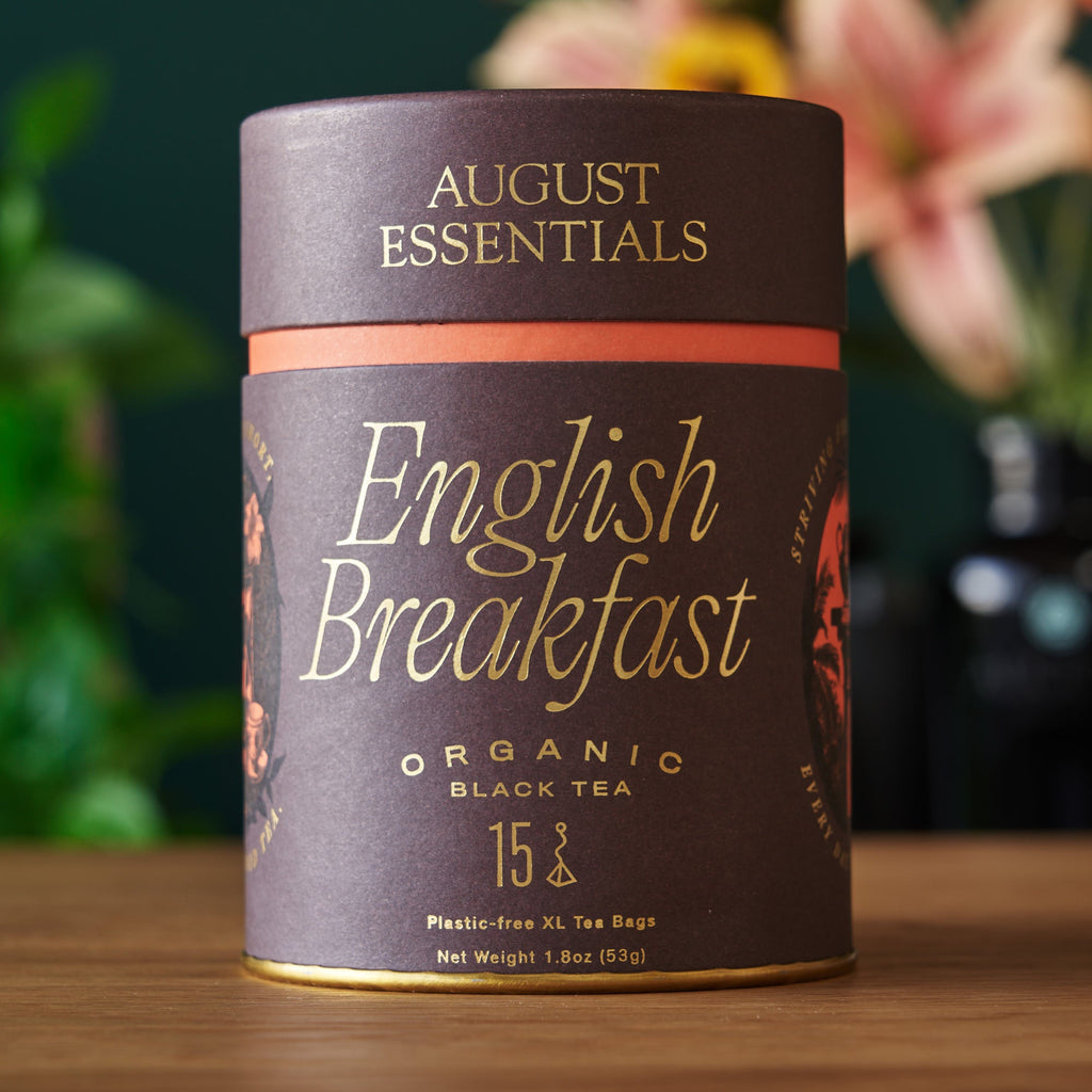 August Essentials English Breakfast Black Tea - 15 Tea Bags, featuring organic South Indian black tea and a full-bodied flavor profile.