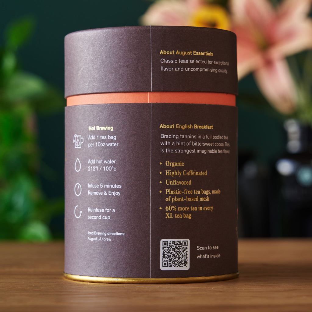 August Essentials English Breakfast Black Tea - 15 Tea Bags in packaging, displaying tea bag contents and brand logo.