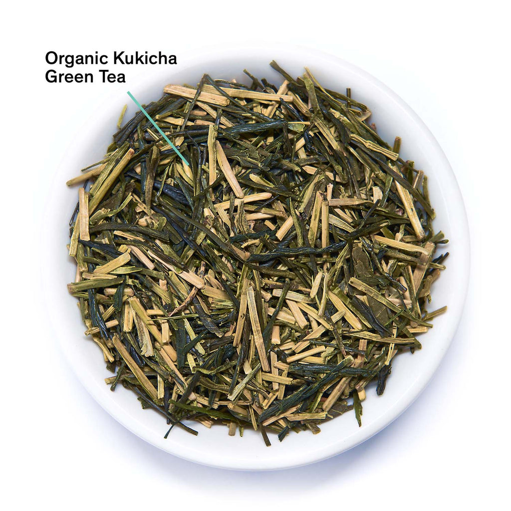 August Essentials Bright Green Green Tea leaves displayed in an annotated image, highlighting their vibrant color and freshness.