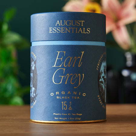 August Essentials Earl Grey Black Tea - 15 Tea Bags, featuring tea bags with organic black tea and bergamot essence.