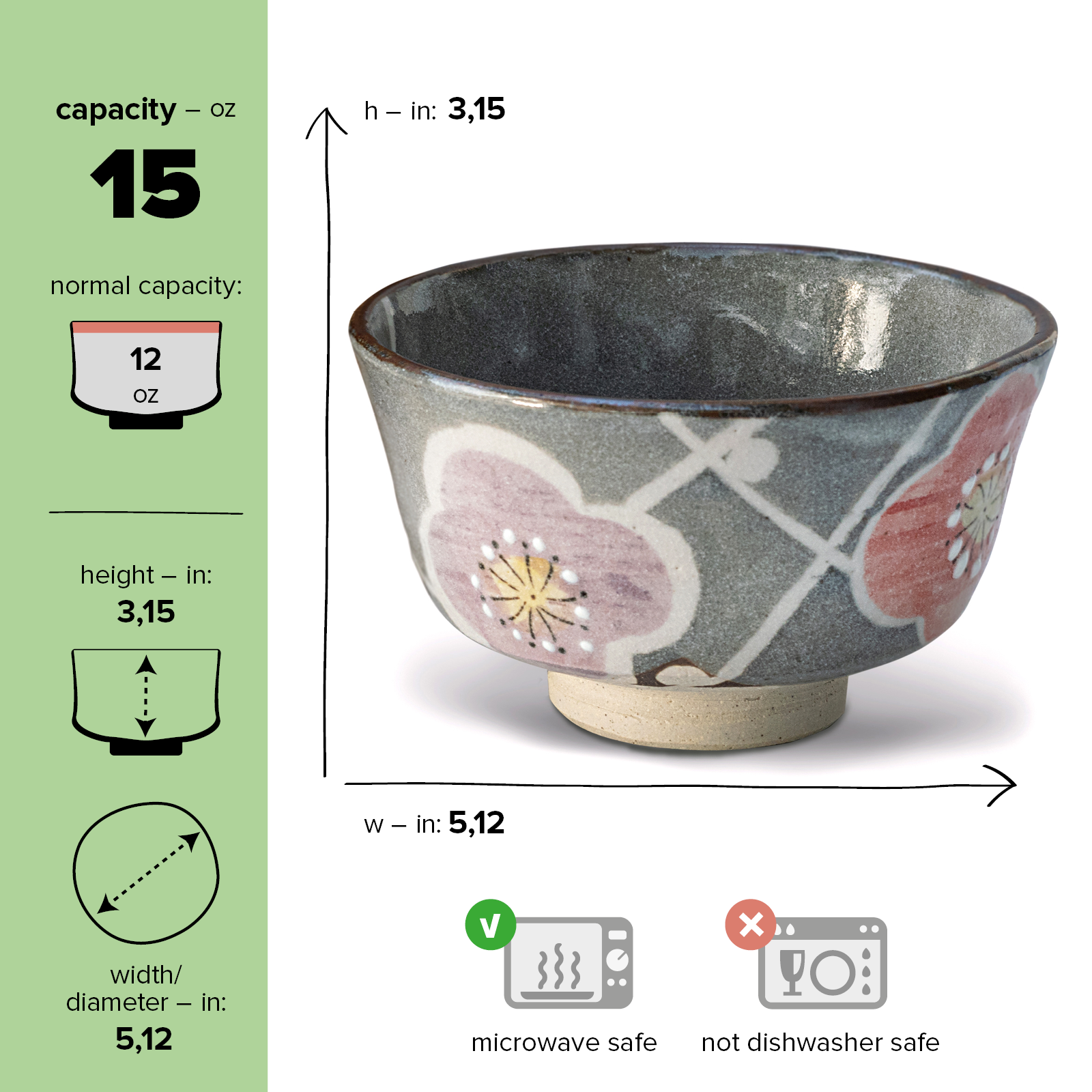 Aprika Life Gray with Flowers Ceramic Matcha Bowl