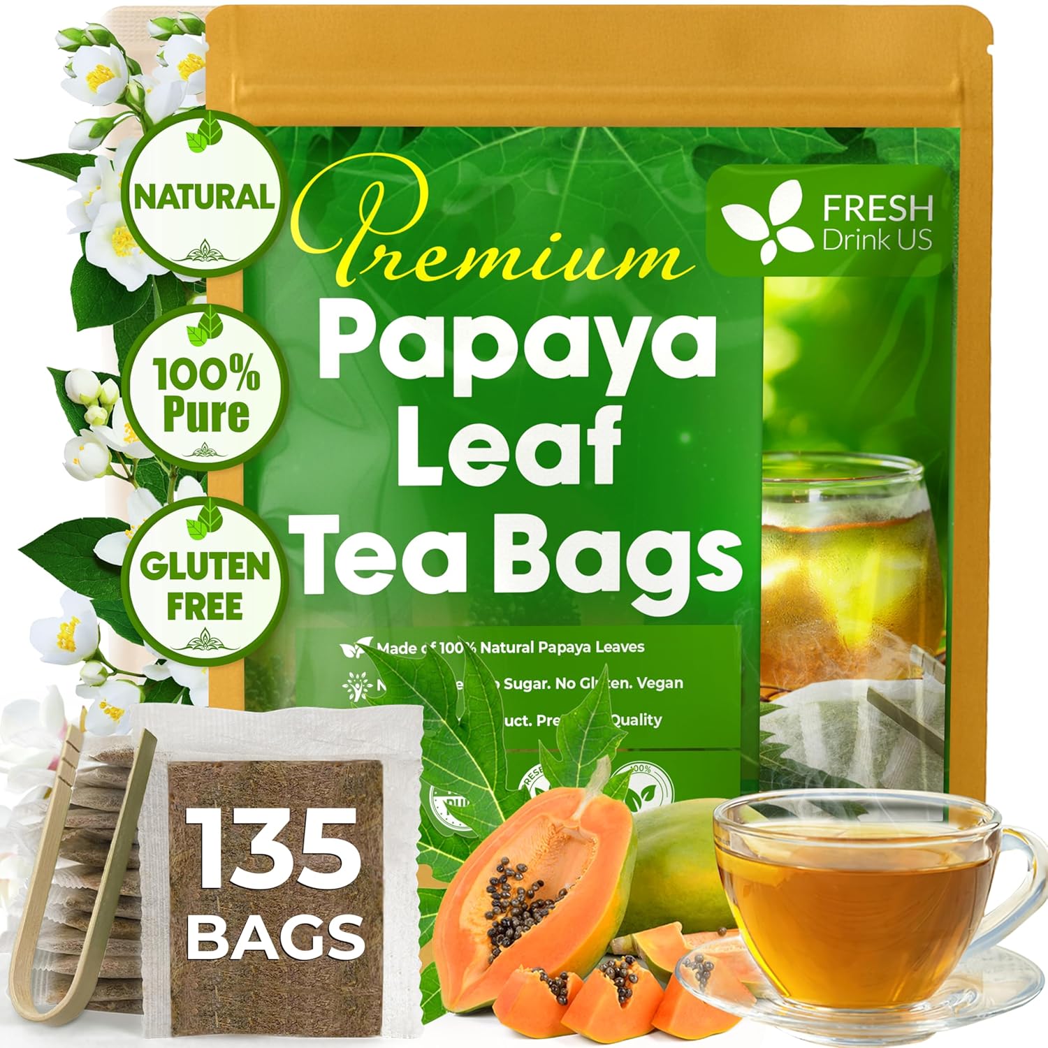 Premium Papaya Leaf Tea Bags, Made with Natural Material Tea Bags. No Sugar, No Caffeine, No Gluten, Vegan. Herbal Tea