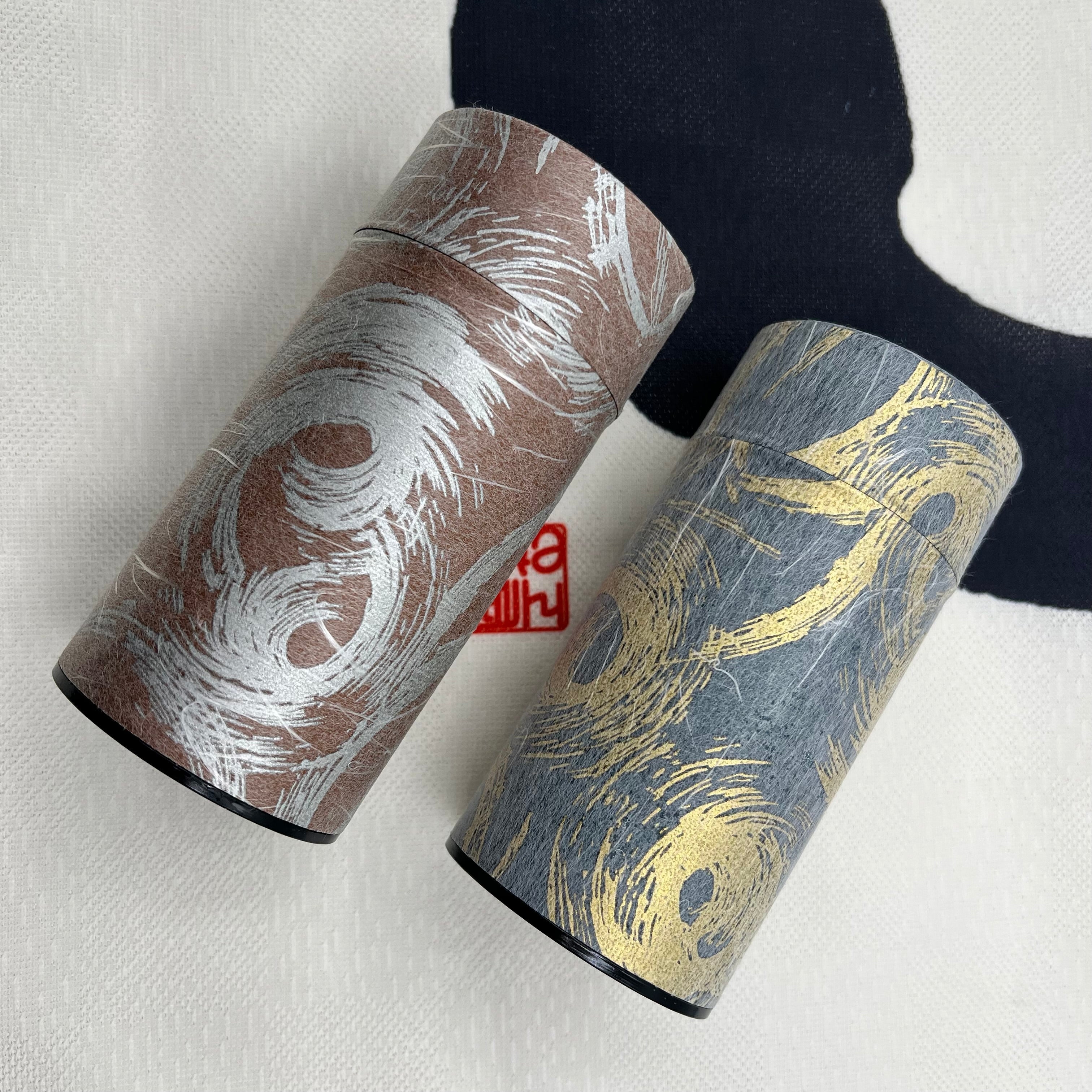 Inoue Okumura Seikan Nankyo Gray Gold Washi Paper Wrapped Tea Canister (L) - Japanese Chazutsu
