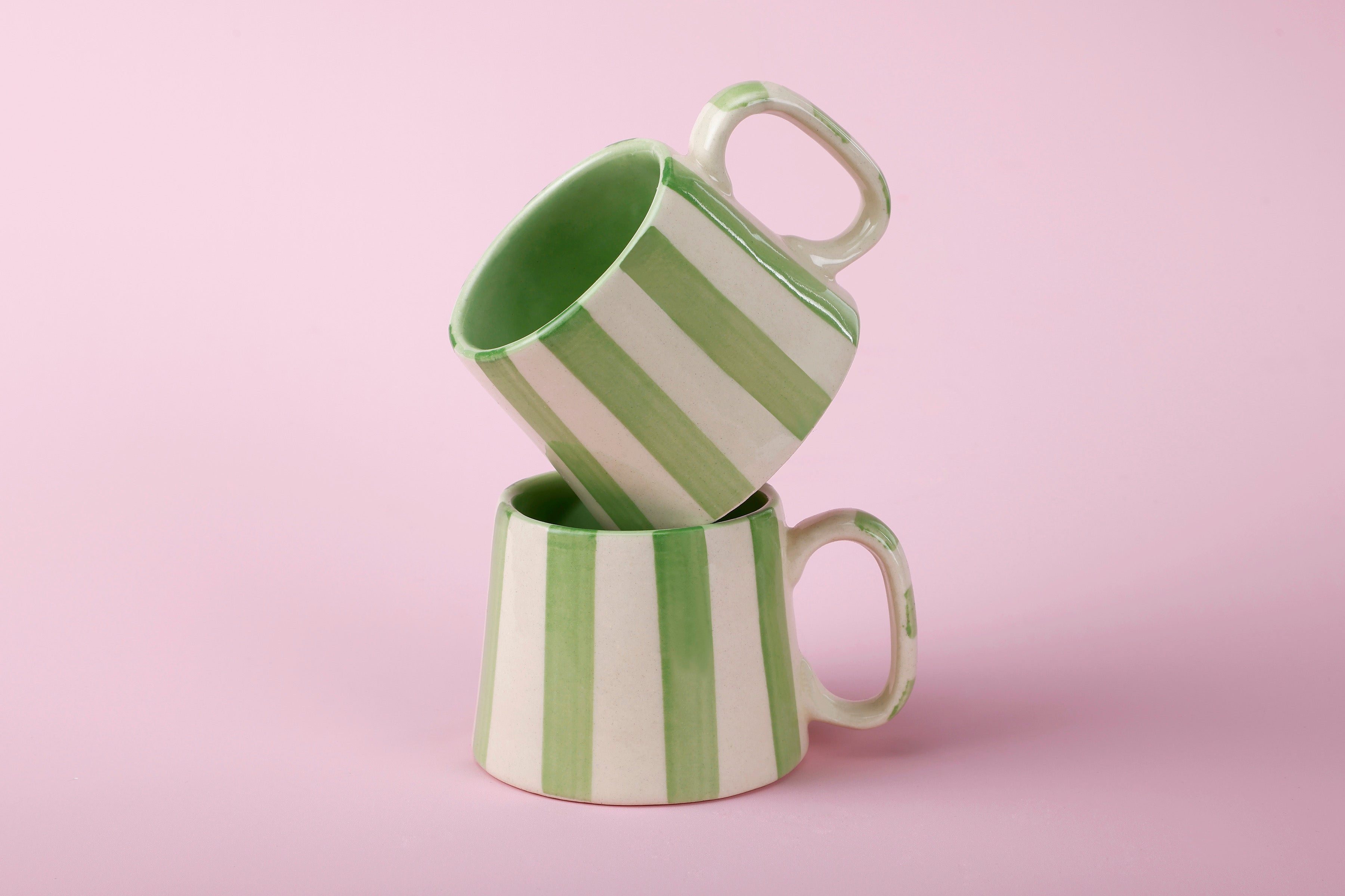 Casa Amarosa Ceramic Green Stripe Cup - 3.5 x 2.5 Inches ( Set of 2 )