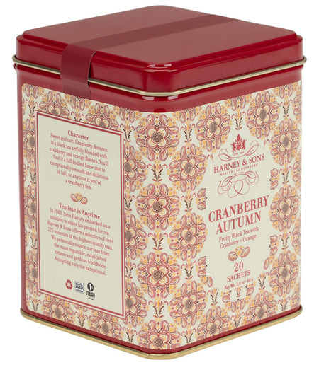 Harney & Sons Cranberry Autumn, Tin of 20 Sachets, features a tin containing tea sachets with cranberry and orange flavors.