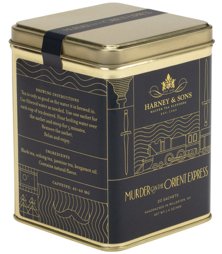Harney & Sons Murder on the Orient Express Blend, tin of 20 tea sachets with smoky and citrus-infused black tea.