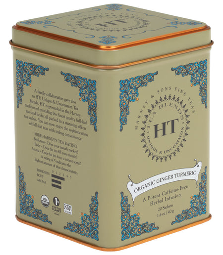 Harney & Sons Organic Ginger Turmeric, HT Tin of 20 Sachets, showing a tin containing 20 tea sachets for brewing tea.