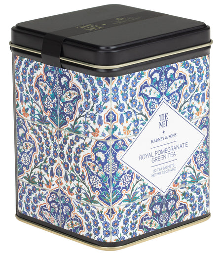 Harney & Sons Royal Pomegranate Green Tea, Tin of 20 Sachets, featuring a decorative tin containing tea sachets for brewing.
