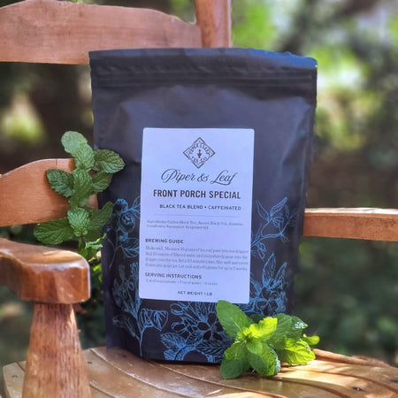 Piper and Leaf Front Porch Special Pound Bag - 190 servings, a loose leaf tea featuring Ceylon and Assam black teas with mint and jasmine.