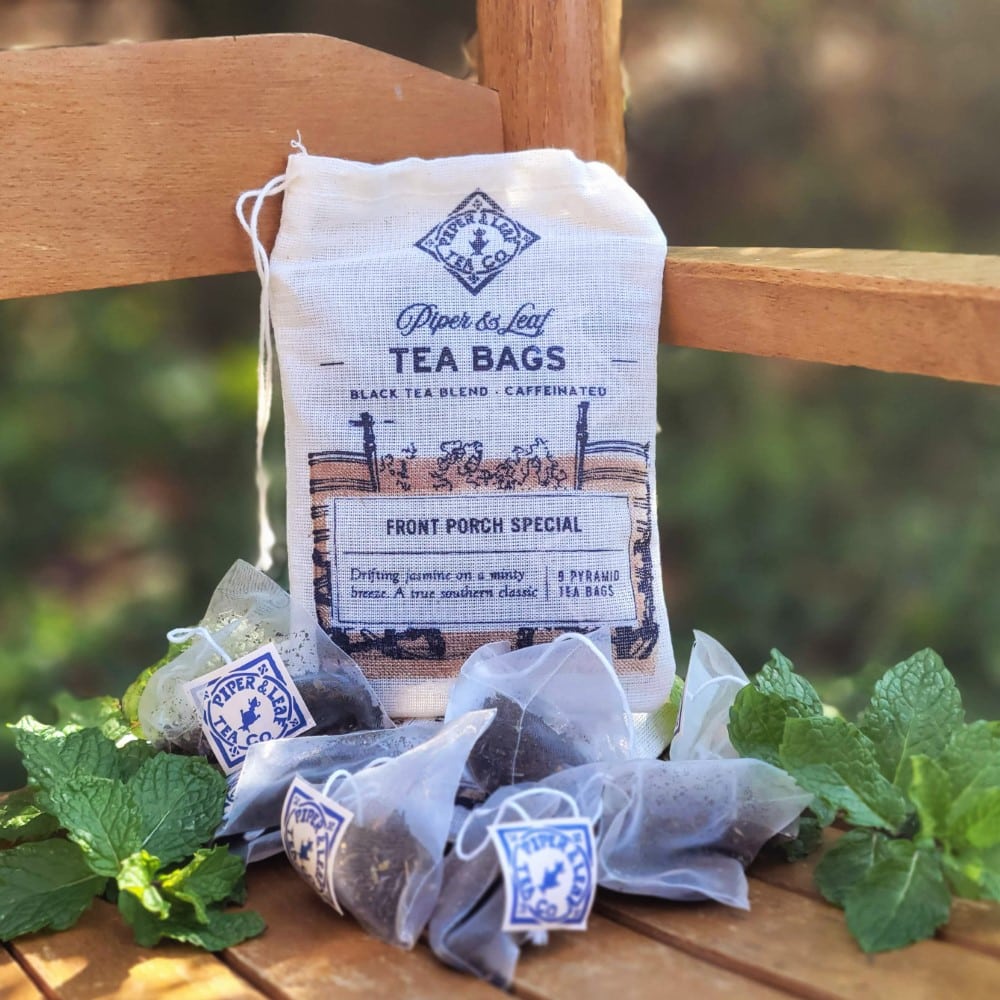 Piper and Leaf Front Porch Special 9ct Tea Bags in Muslin, featuring nine pyramid sachets in hand-printed muslin bags.