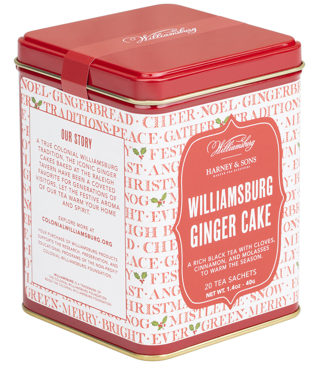 Harney & Sons Williamsburg Ginger Cake, Tin of 20 Sachets, showing the product packaging with tea sachets inside.