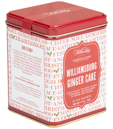 Harney & Sons Williamsburg Ginger Cake, Tin of 20 Sachets, showing the product packaging with tea sachets inside.