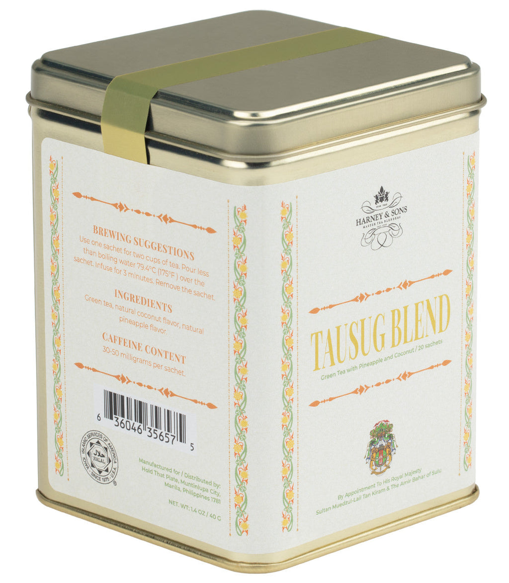 Harney & Sons Tausug Blend, Tin of 20 Sachets, showcasing a beautifully designed tin containing premium tea sachets.