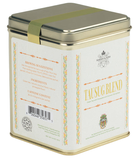 Harney & Sons Tausug Blend, Tin of 20 Sachets, showcasing a beautifully designed tin containing premium tea sachets.