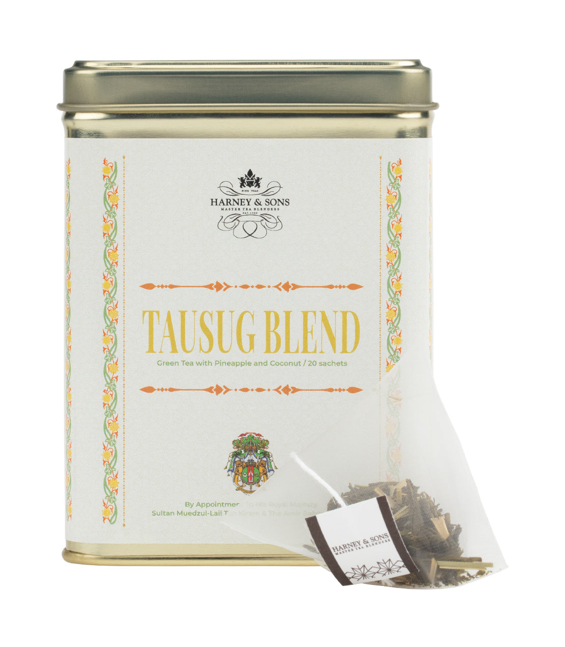 Harney & Sons Tausug Blend, Tin of 20 Sachets; a tin container filled with tea sachets, displayed against a neutral background.