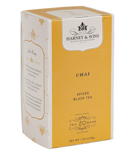 Harney & Sons Chai, Box of 20 Premium Teabags, showing the packaging and contents of individually wrapped teabags.