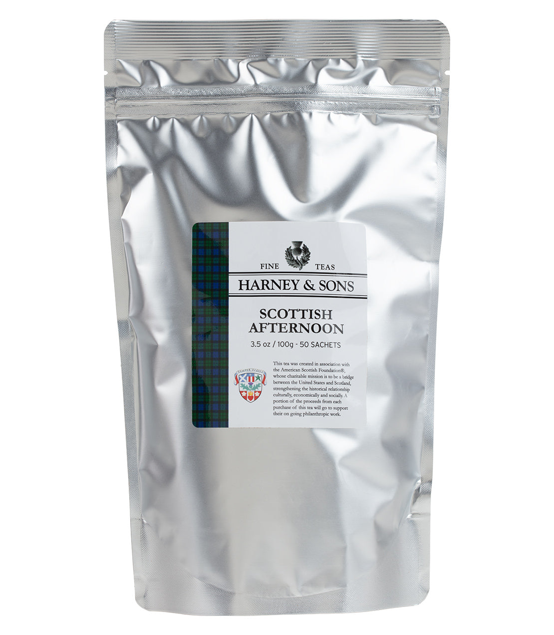 Harney & Sons Scottish Afternoon tea sachet bag, 50 count, displayed in packaging, by Harney & Sons.