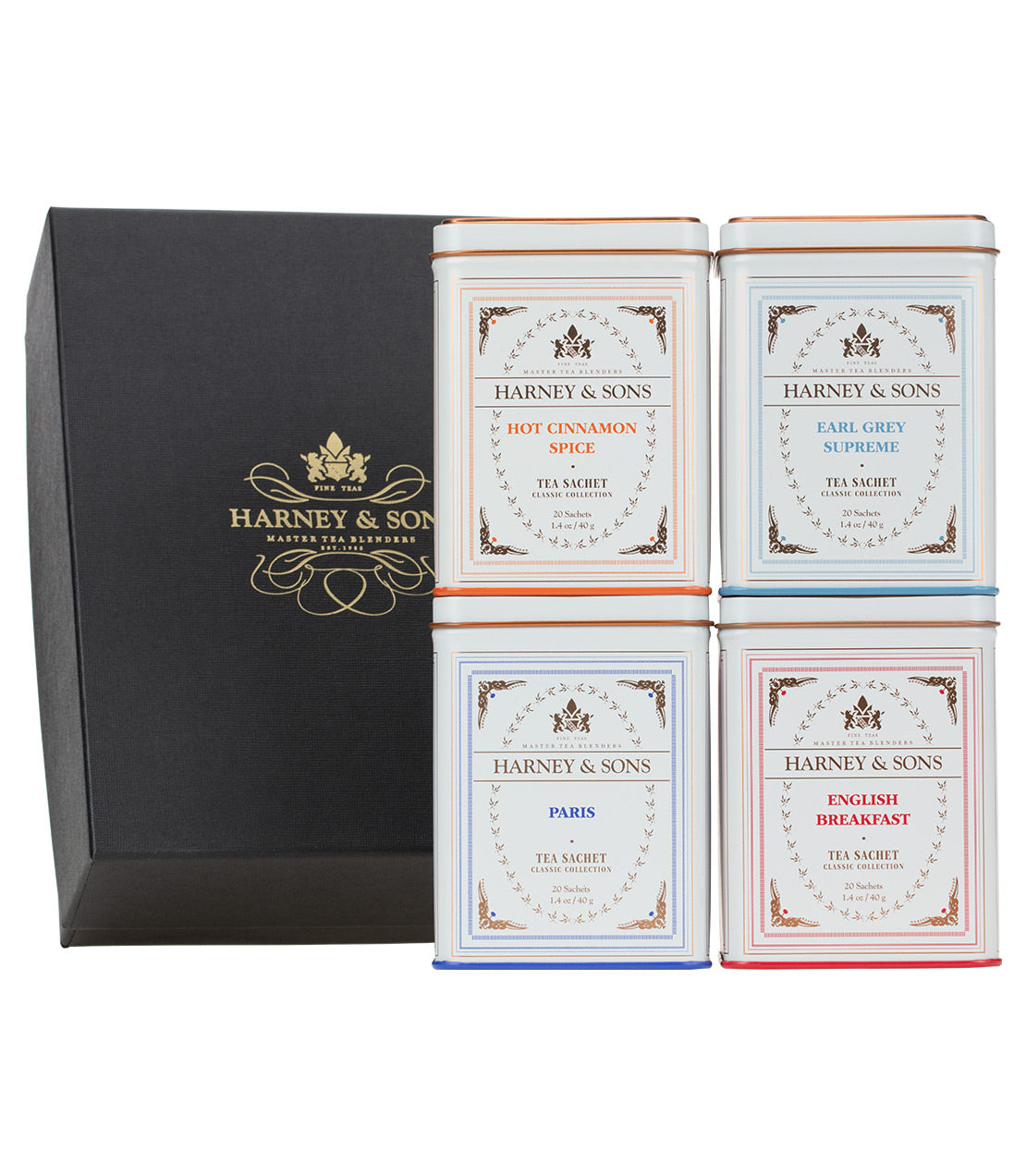 Harney & Sons Harney & Sons Best Sellers – 20 Count Sachets, featuring four tins of assorted high-quality teas and sachets.