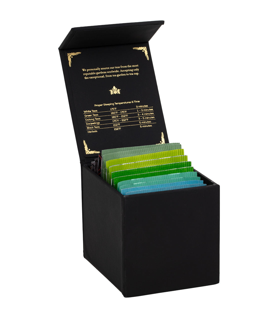 Harney & Sons Harney Heritage – Organic Teabag Sampler Black Box in a classic black box with 16 organic tea bags displayed.