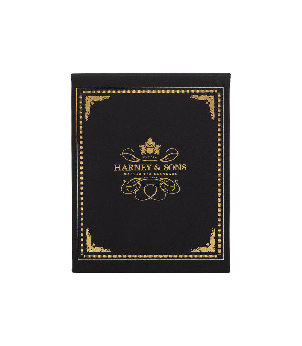 Harney & Sons Harney Heritage – Organic Teabag Sampler Black Box displayed in a top view image, showing the black box packaging.