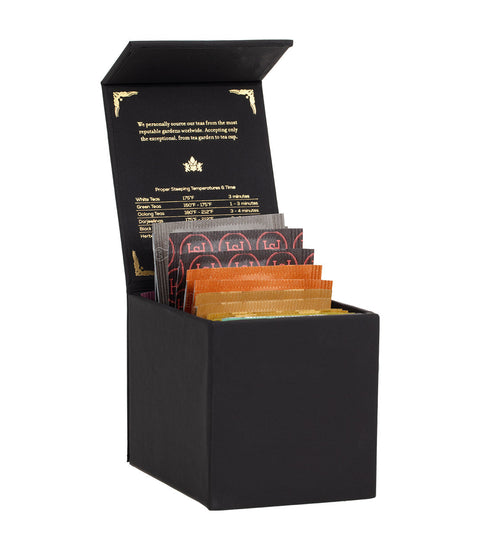 Harney & Sons Harney Heritage – Herbal & Decaf Teabag Sampler Black Box featuring 16 assorted herbal and decaf tea bags.
