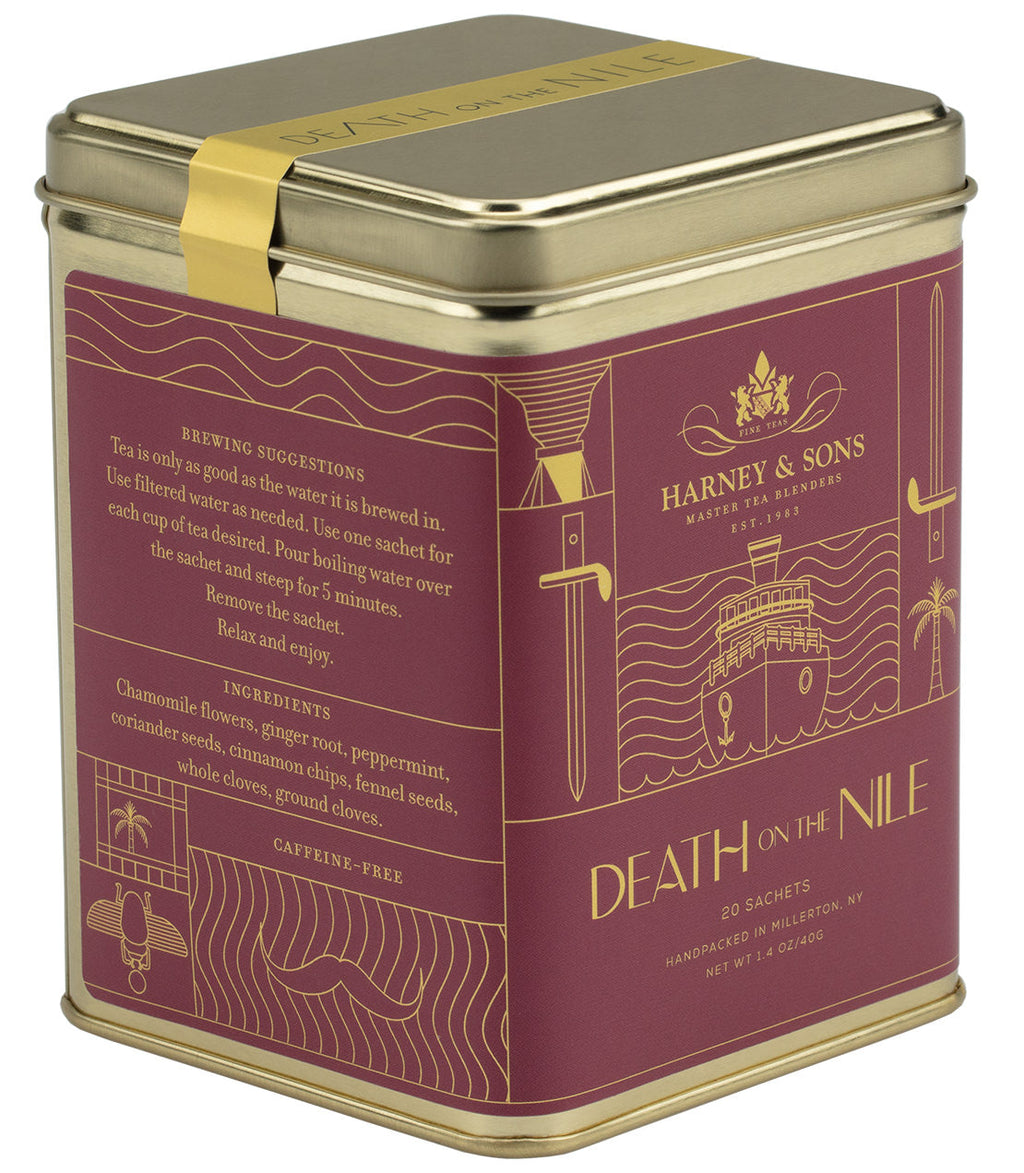 Harney & Sons Death on the Nile, Tin of 20 Sachets, featuring premium tea sachets for brewing 12 oz. cups of tea.