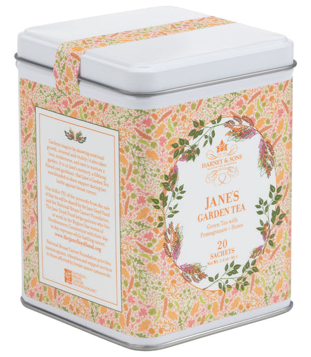 Harney & Sons Jane's Garden Tea, Tin of 20 Sachets, featuring premium green tea with pomegranate and rose, in a black or pink tin.