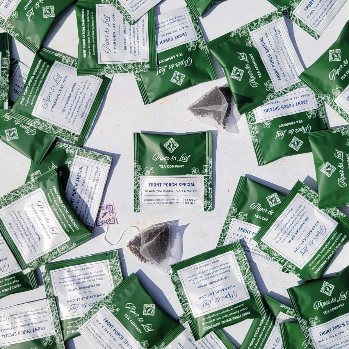 Piper and Leaf Front Porch Special Case of Tea Bag Envelopes- 50ct, featuring individually packaged tea sachets in a box.