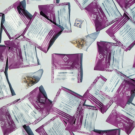 Piper and Leaf Elderberry Elixir Case of Individually Wrapped Tea Bags- 50ct, featuring individually packaged tea sachets.