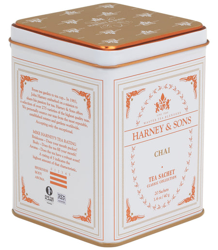 Harney & Sons Chai, Classic Tin of 20 Sachets in a colorful tin packaging, displayed on a neutral background.