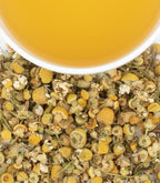 Harney & Sons Chamomile tea displayed in a cup, showcasing the herbal infusion made from high-quality Egyptian chamomile flowers.