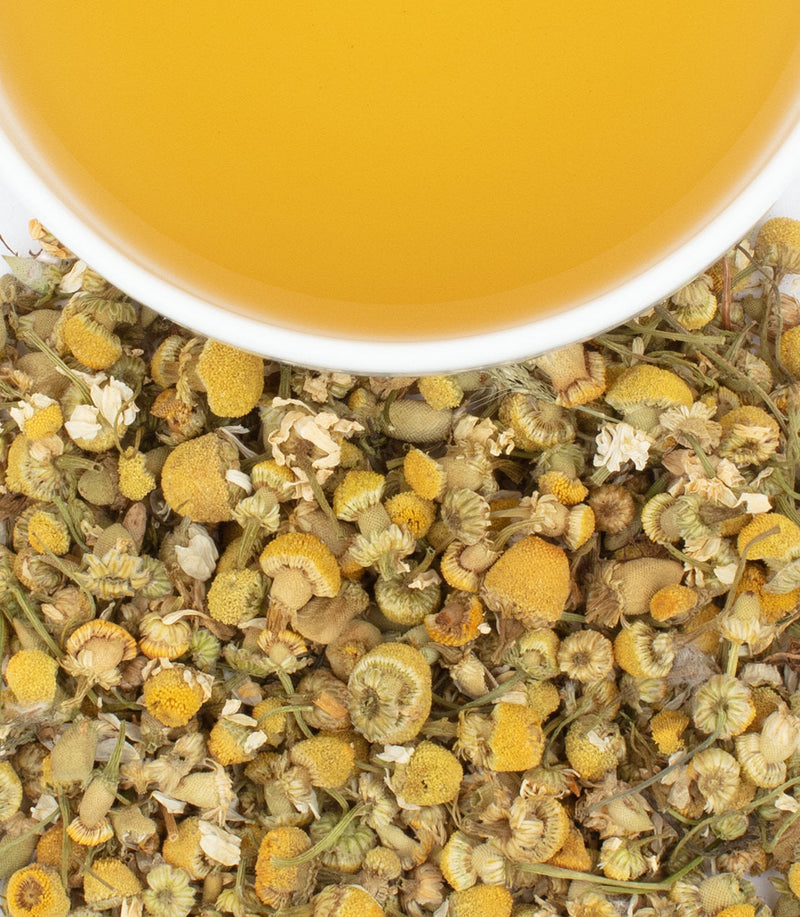 Harney & Sons Chamomile tea displayed in a cup, showcasing the herbal infusion made from high-quality Egyptian chamomile flowers.