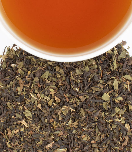 Harney & Sons Chocolate Mint tea in a cup, showcasing its rich chocolate and peppermint blend with Chinese black tea.