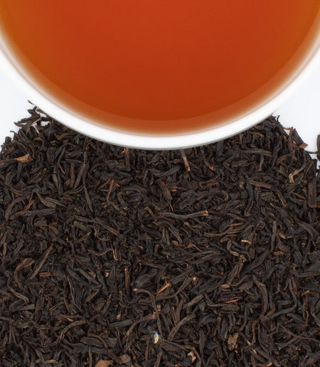 Harney & Sons English Breakfast tea displayed in a cup, showcasing its rich color and robust flavor profile.