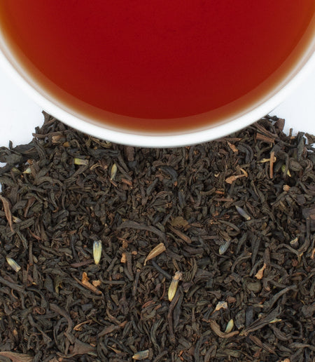 Harney & Sons Victorian London Fog in a cup, showcasing its creamy texture and floral notes, ideal for cozy afternoons.