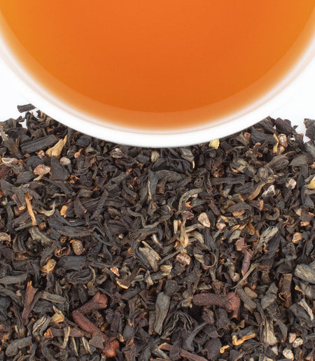 Harney & Sons Wild Spiced Ceylon tea displayed in a cup, featuring wild black tea, cloves, and cardamom.