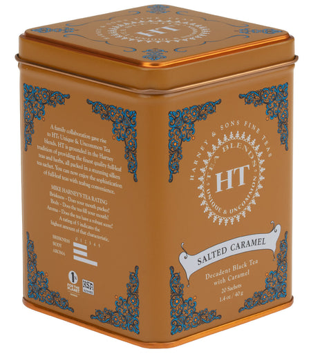 Harney & Sons Salted Caramel, HT Tin of 20 Sachets, featuring black tea infused with caramel and Himalayan salt in a tin.