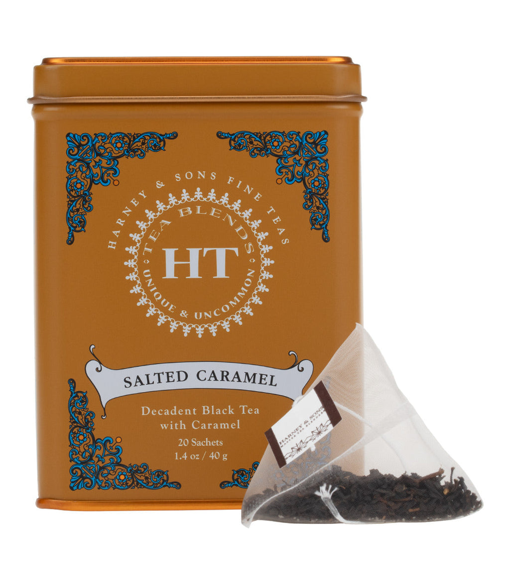 Harney & Sons Salted Caramel, HT Tin of 20 Sachets, displayed in a tin with sachets for brewing tea.