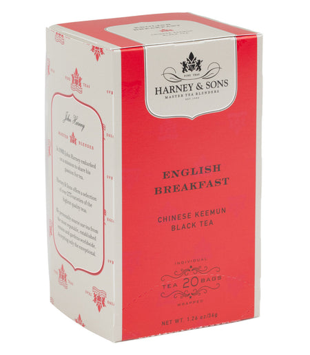 Harney & Sons English Breakfast, Box of 20 Premium Teabags, featuring individually wrapped teabags for fresh brewing.