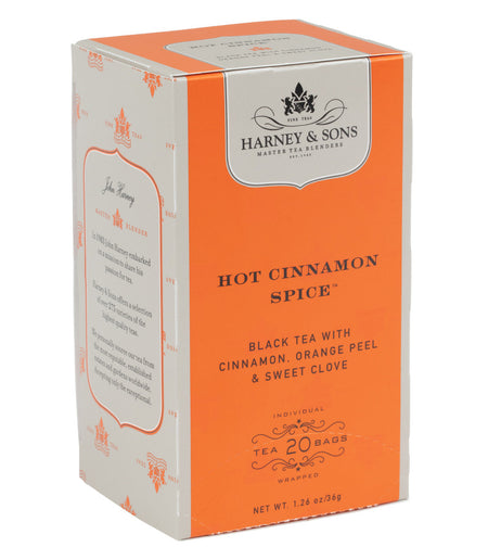 Harney & Sons Hot Cinnamon Spice Premium Teabags box with 20 individually wrapped teabags, featuring robust black teas and spices.