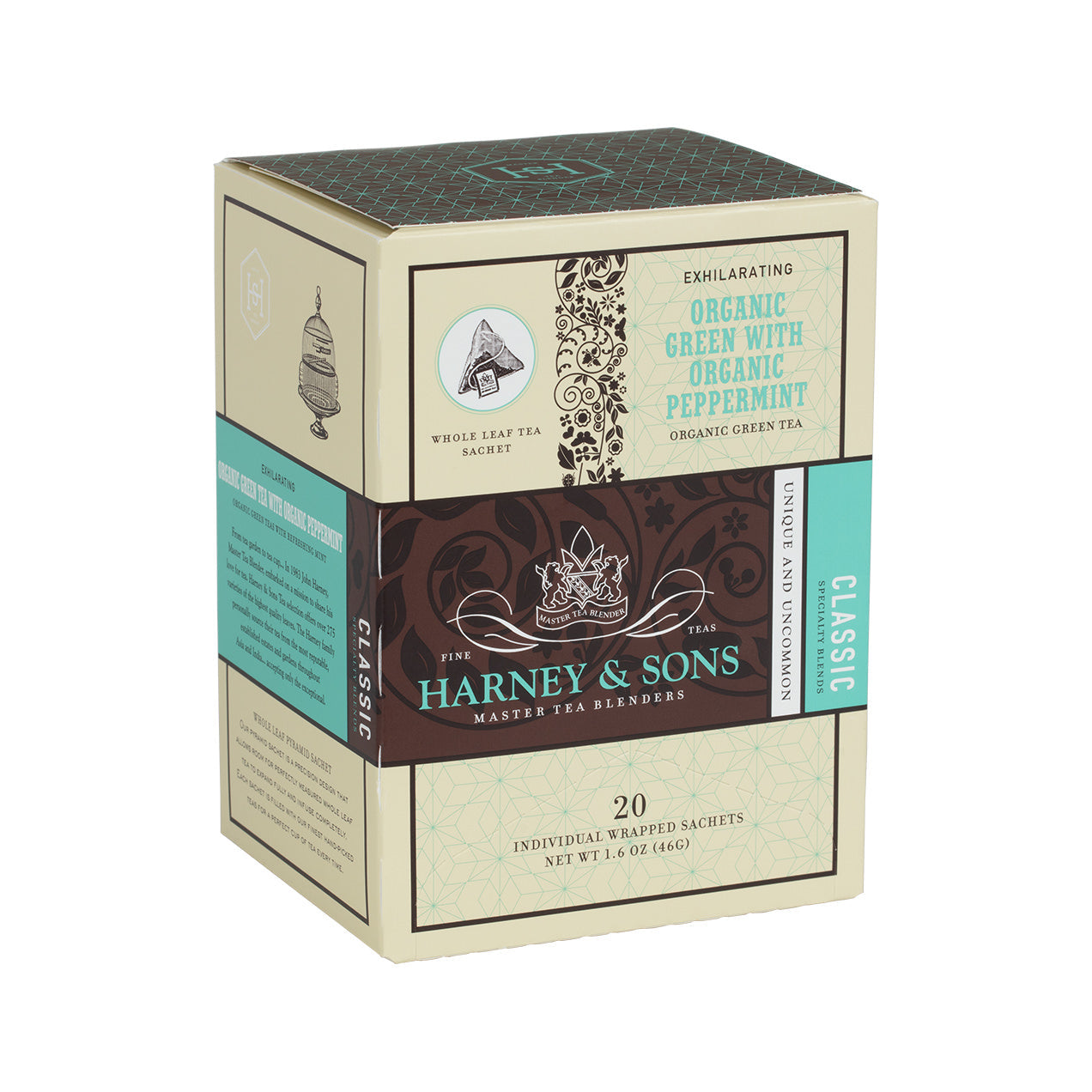 Harney & Sons Organic Green Tea with Organic Peppermint, Box of 20 Individually Wrapped Sachets