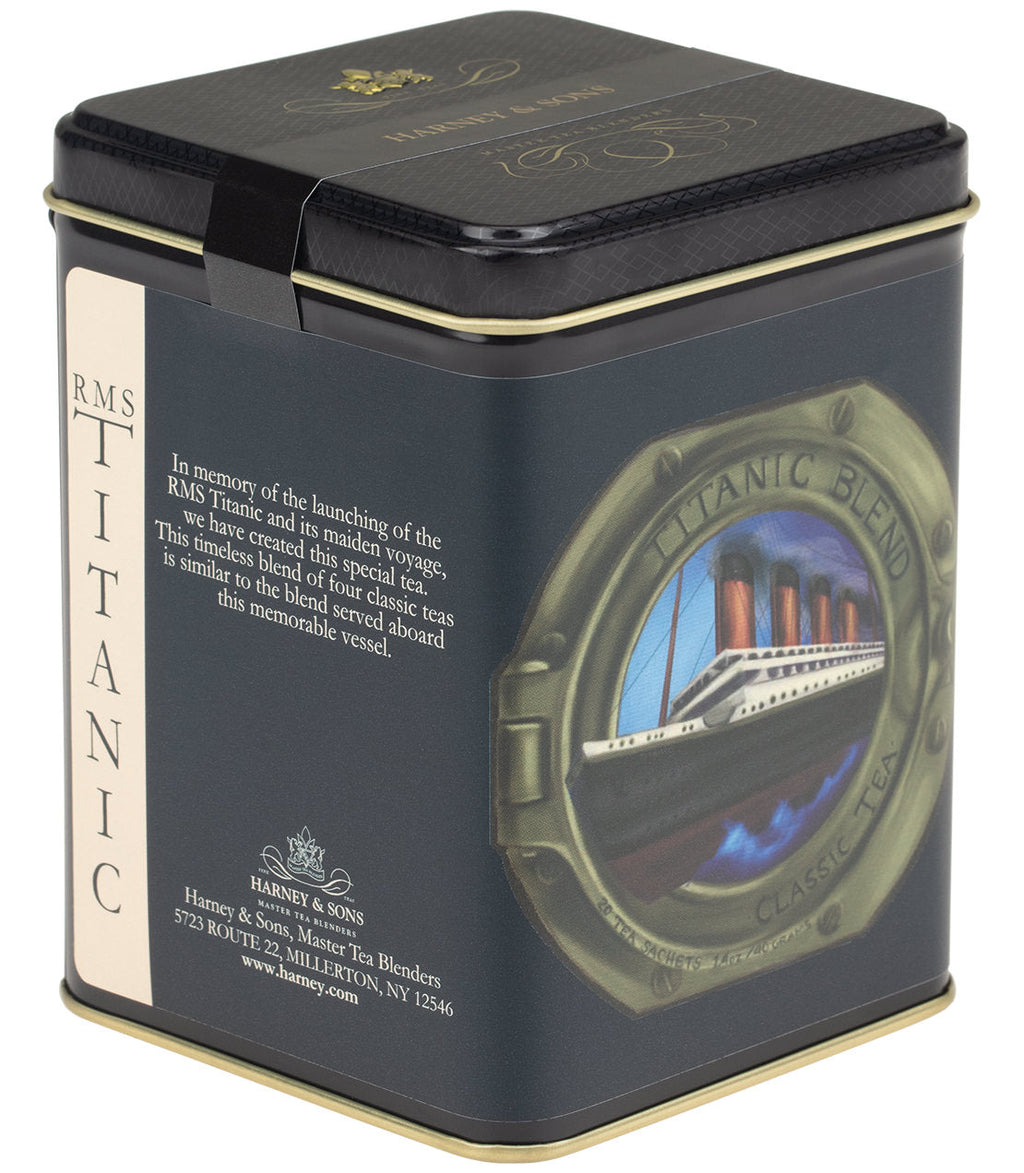 Harney & Sons RMS Titanic Blend, tin of 20 sachets, featuring a commemorative tea honoring Titanic's centennial.