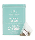 Harney & Sons Tropical Green, Tin of 20 Sachets, featuring a colorful design and individual tea sachets inside.