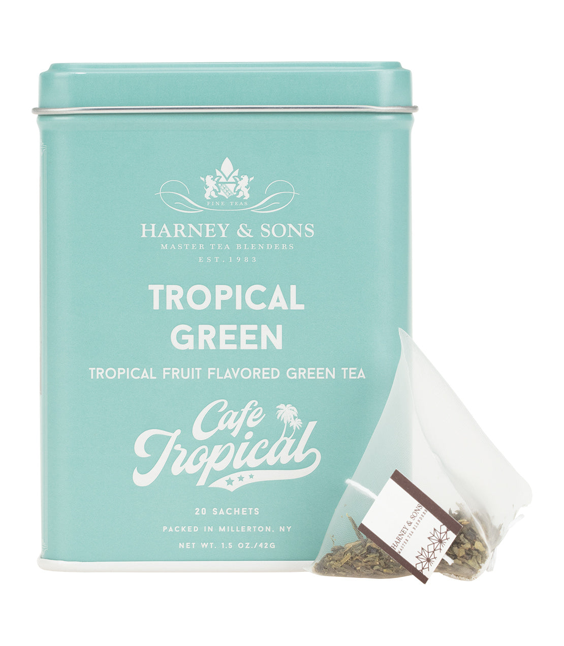 Harney & Sons Tropical Green, Tin of 20 Sachets, featuring a colorful design and individual tea sachets inside.