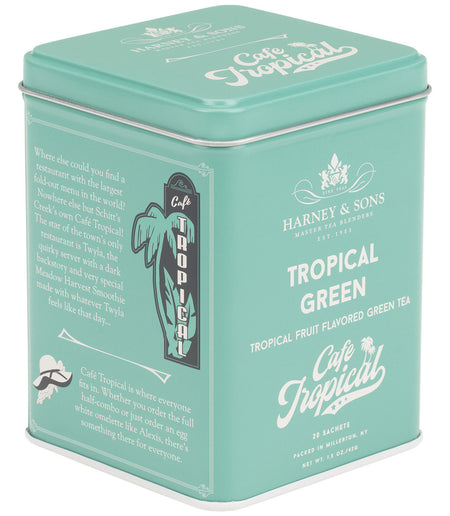 Harney & Sons Tropical Green, Tin of 20 Sachets, showcasing the tea sachets and tin packaging for brewing 12 oz. servings.