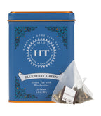 Harney & Sons Blueberry Green, HT Tin of 20 Sachets, featuring a tin packaging with blueberry green tea sachets.