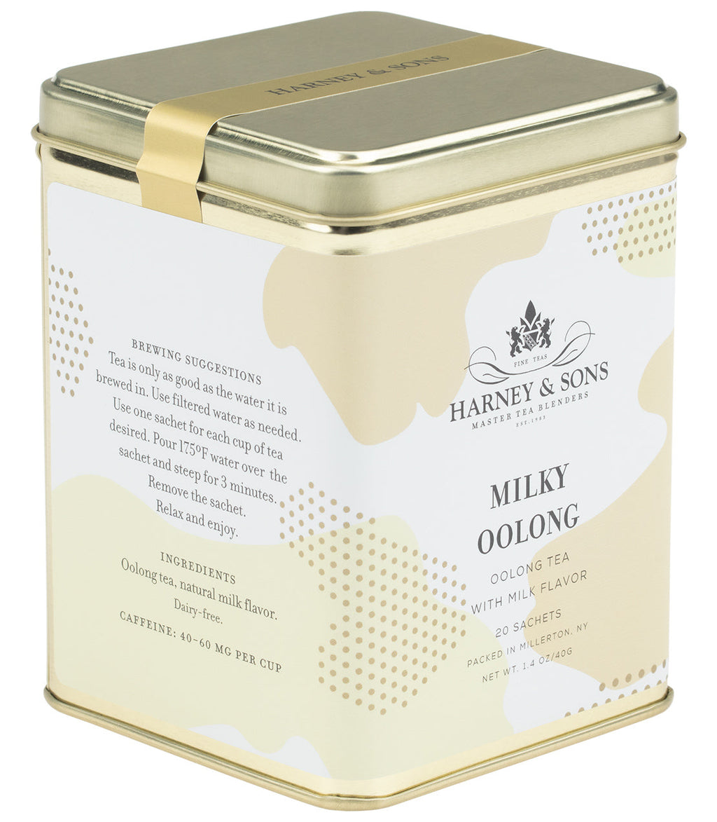 Harney & Sons Milky Oolong, Tin of 20 Sachets, features deep green rolled leaves for a creamy flavor in a recycled tin.