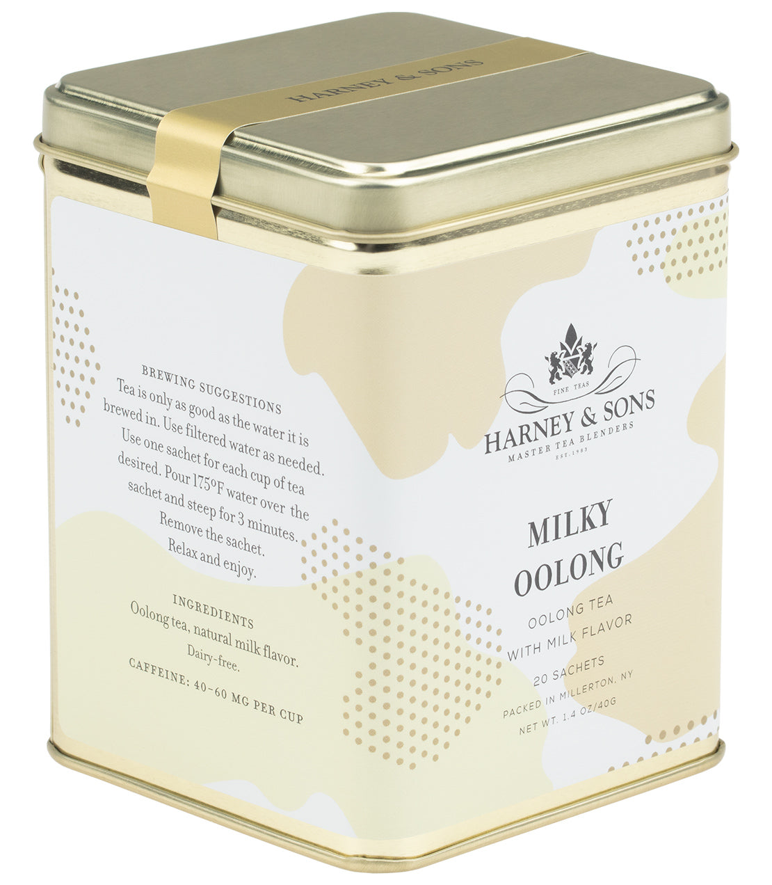 Harney & Sons Milky Oolong, Tin of 20 Sachets, features deep green rolled leaves for a creamy flavor in a recycled tin.