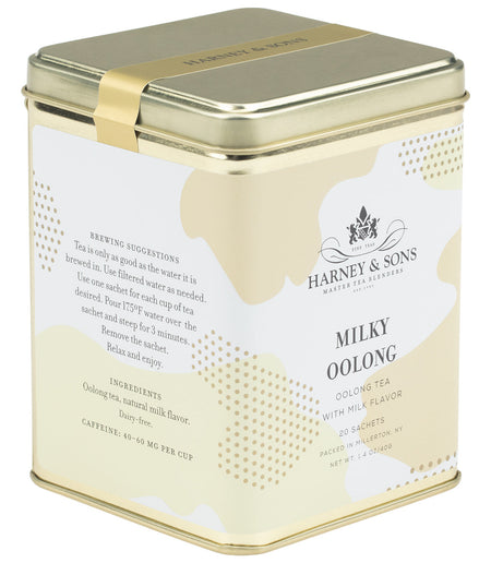 Harney & Sons Milky Oolong, Tin of 20 Sachets, features deep green rolled leaves for a creamy flavor in a recycled tin.
